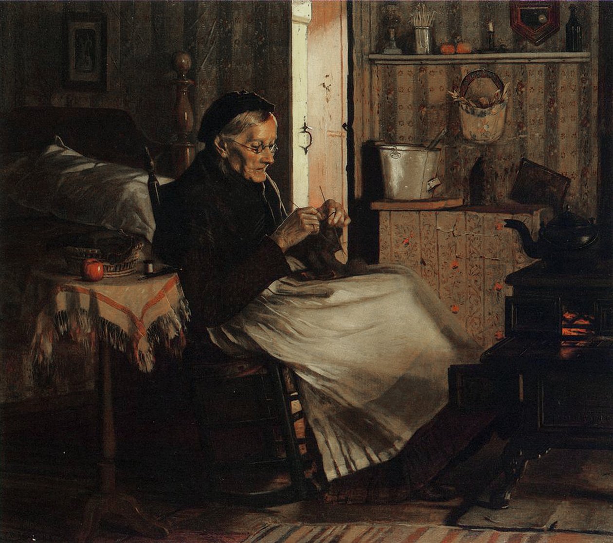 En gammel kvinde strikker, ca. 1893 af John George Brown