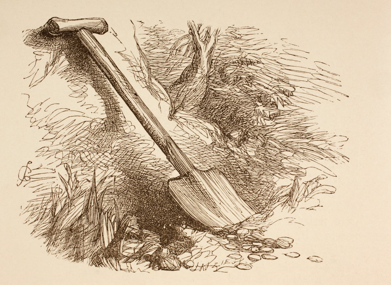 Illustration af en spade gravet halvvejs ned i jorden, fra 