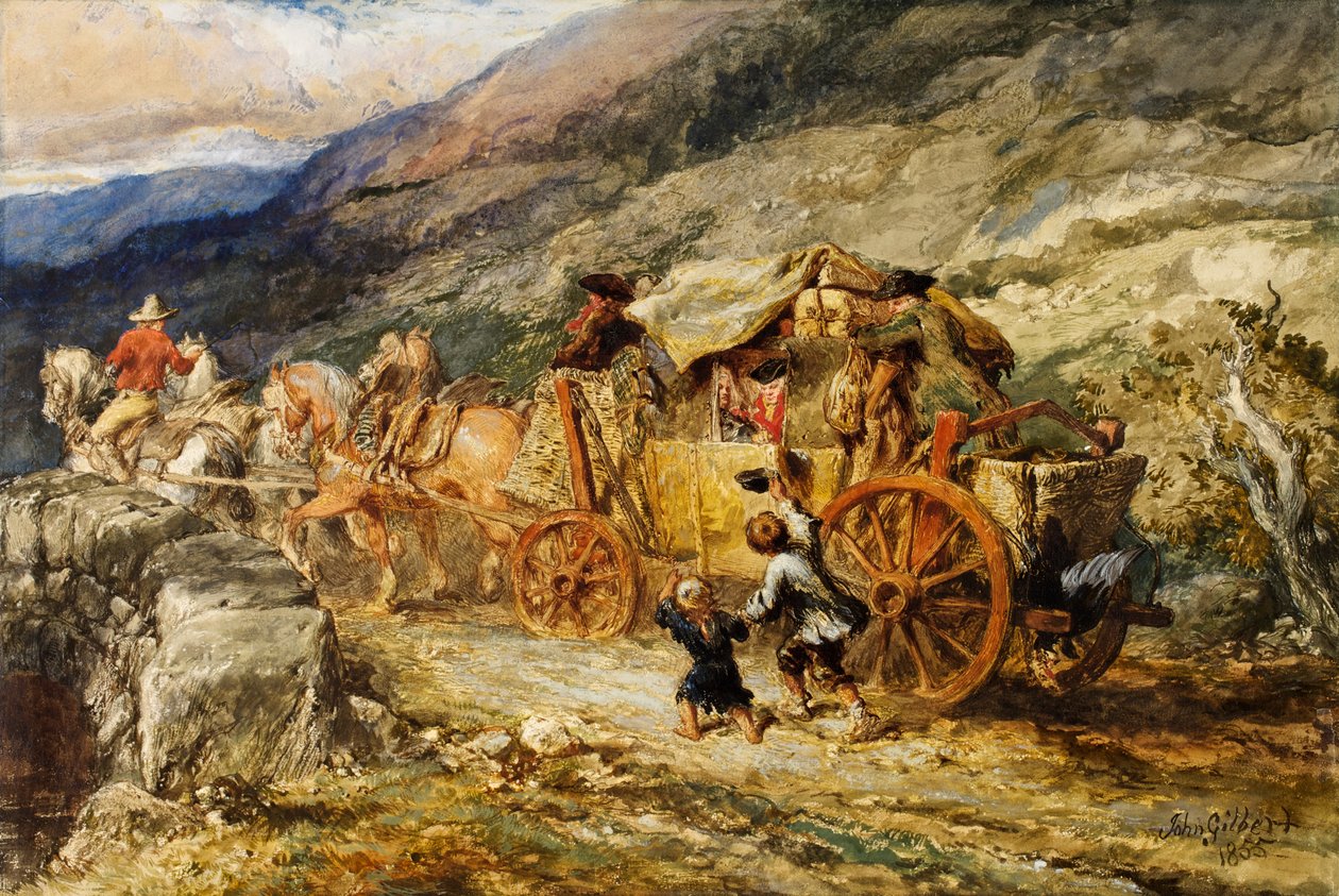 Det sidste århundredes diligence, 1855 (wc og gouache på papir) af John Gilbert