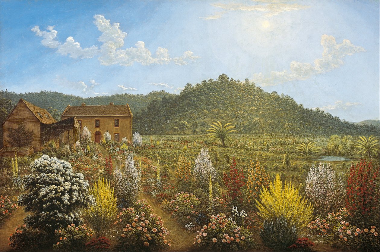 En udsigt over kunstnerens hus og have i Mills Plains, Van Diemens Land af John Glover
