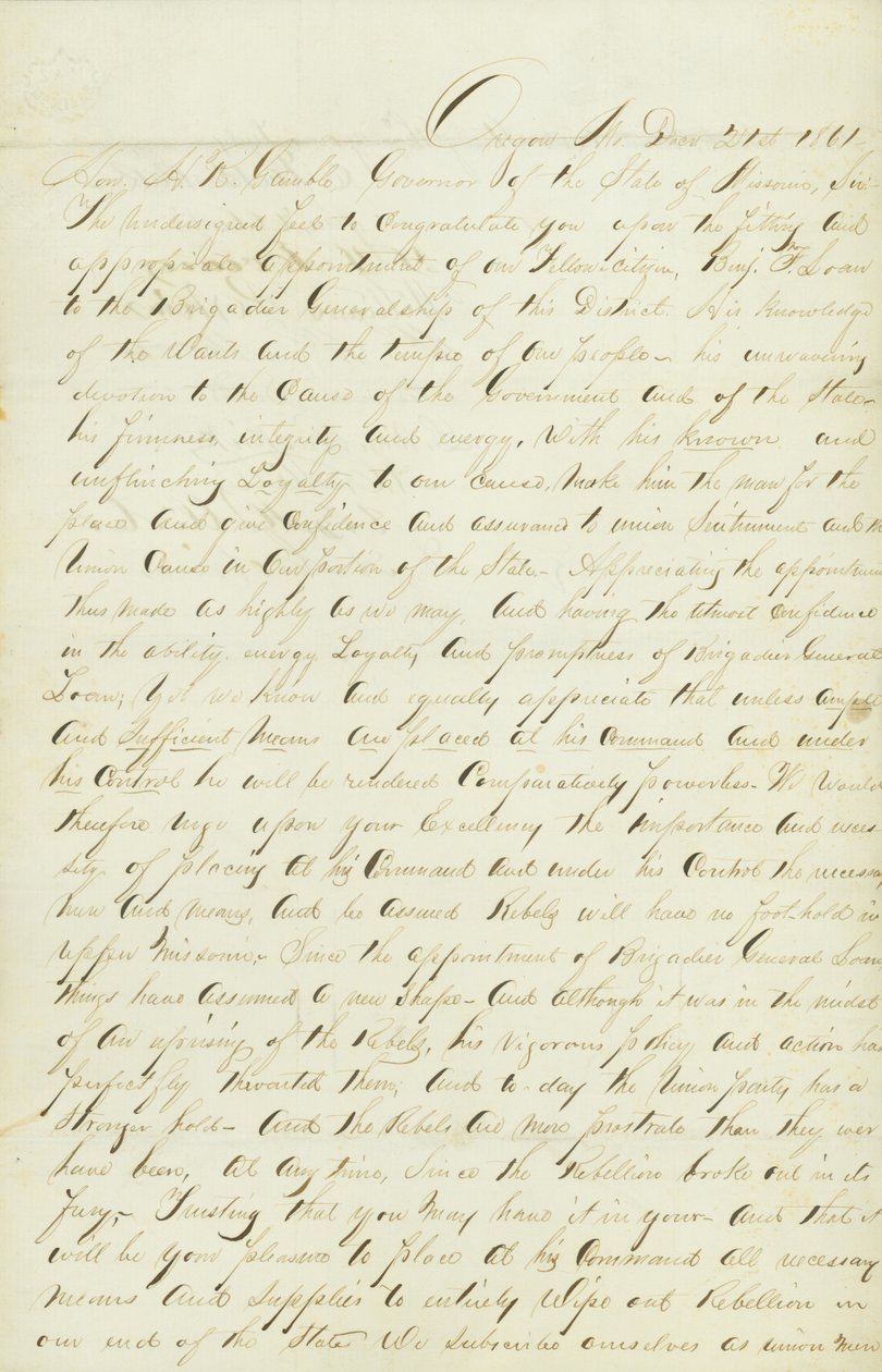 En andragende om at finansiere og levere milits under general Benjamin Loan af John H.C. Curtis