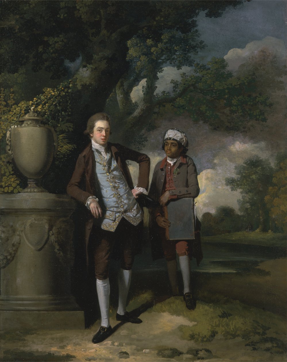 En ung mand med sin indiske tjener, der holder en portefølje af John Hamilton Mortimer