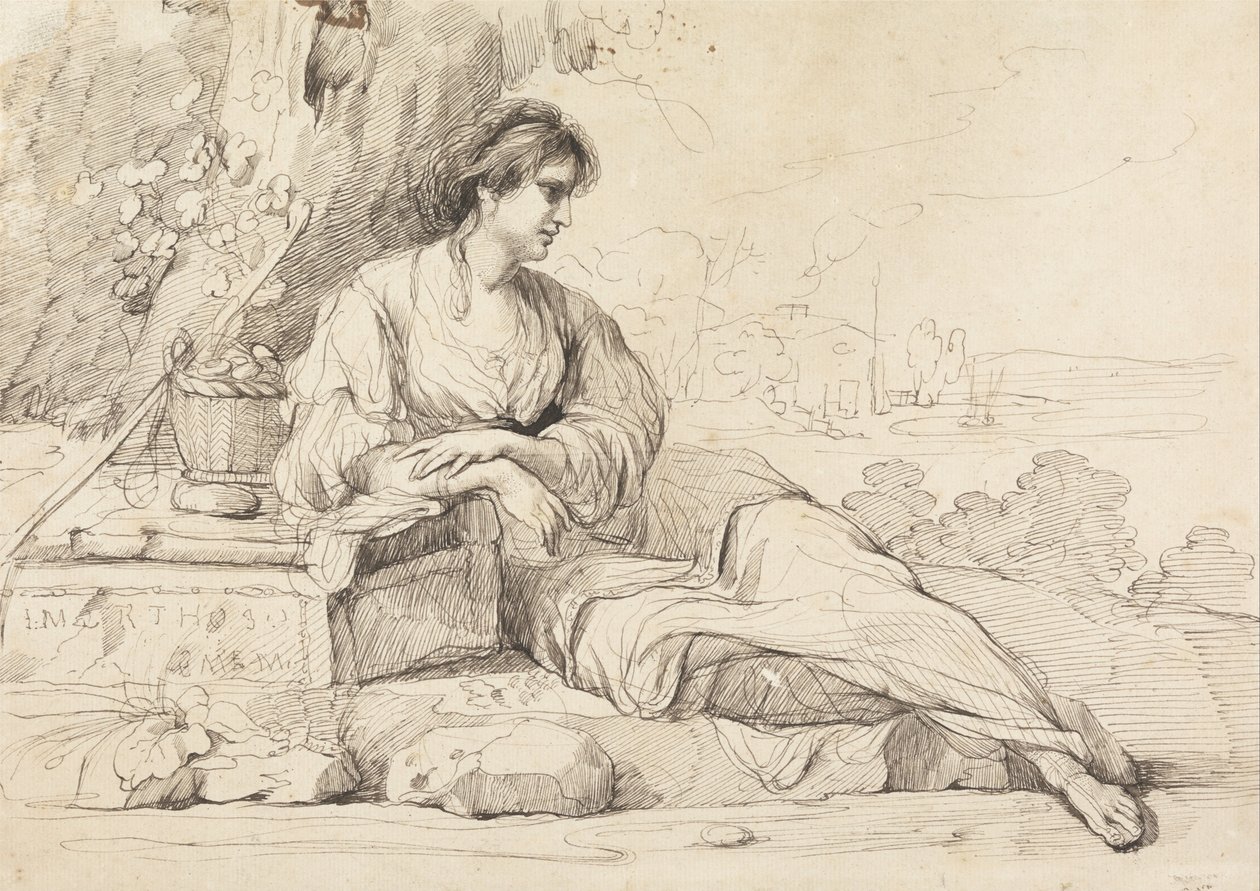 Liggende kvindelig figur i et italiensk landskab af John Hamilton Mortimer
