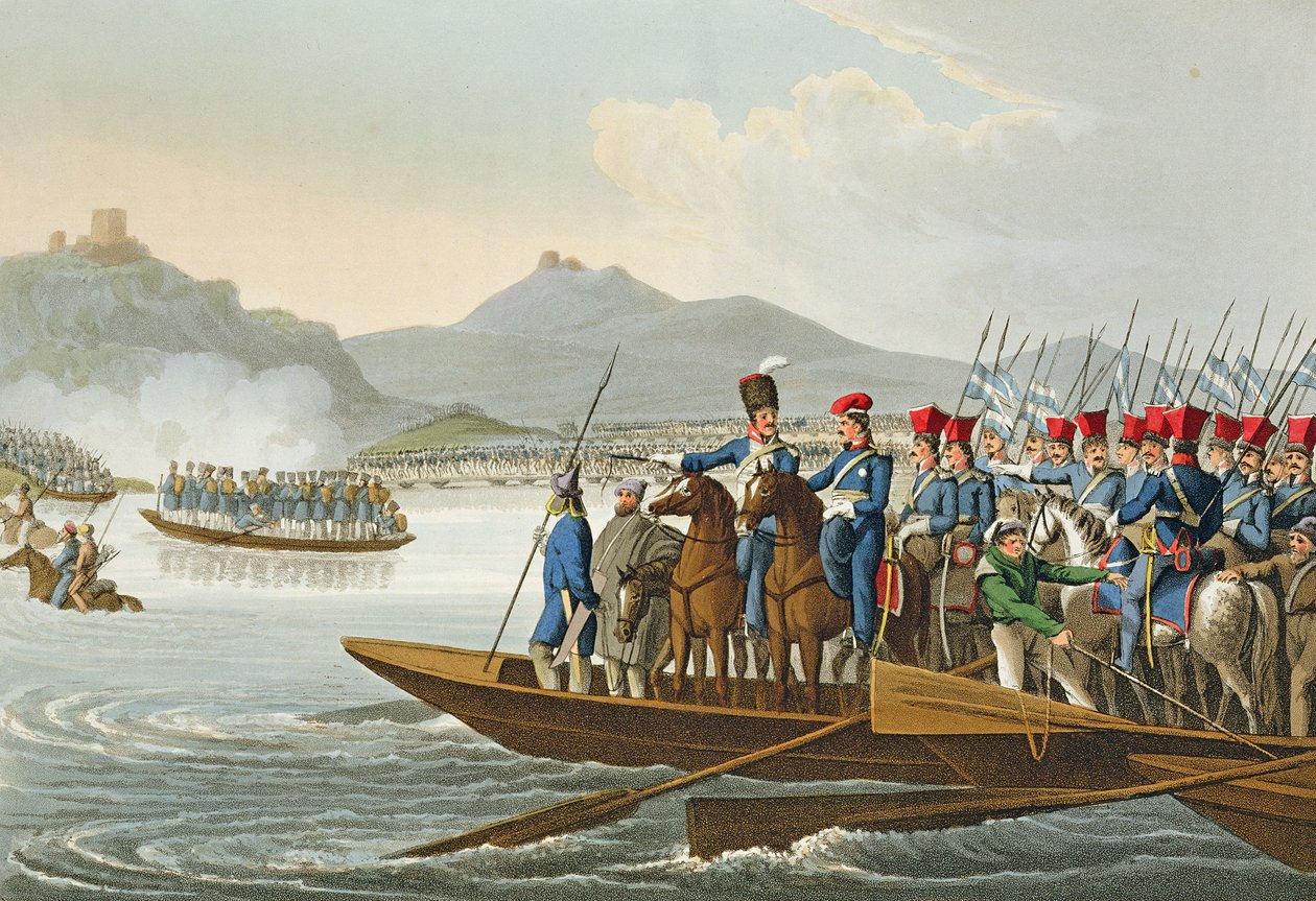 Den allierede hær krydser Rhinen for at invadere Frankrig, 1813, graveret af Matthew Dubourg (fl.1813-20) fra "Historic, Military and Naval Anecdotes", udgivet af Edward Orme (1774-c.1820) 1816 (akvaratint) af John Heaviside Clark