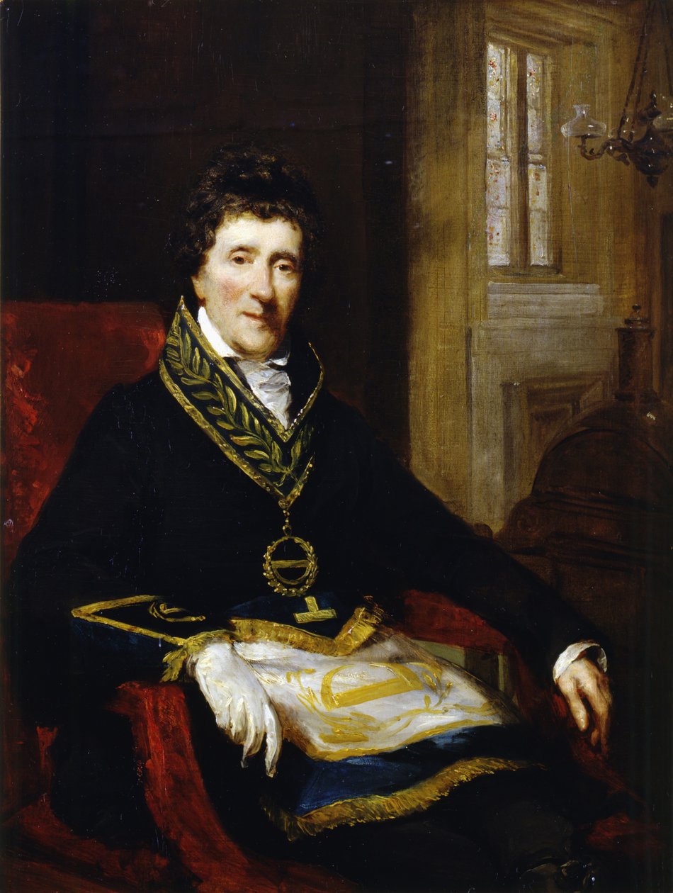 Sir John Soane, i frimurerdragt, som storinspektør og formand for bygningsstyrelsen, 1828-29 af John Jackson
