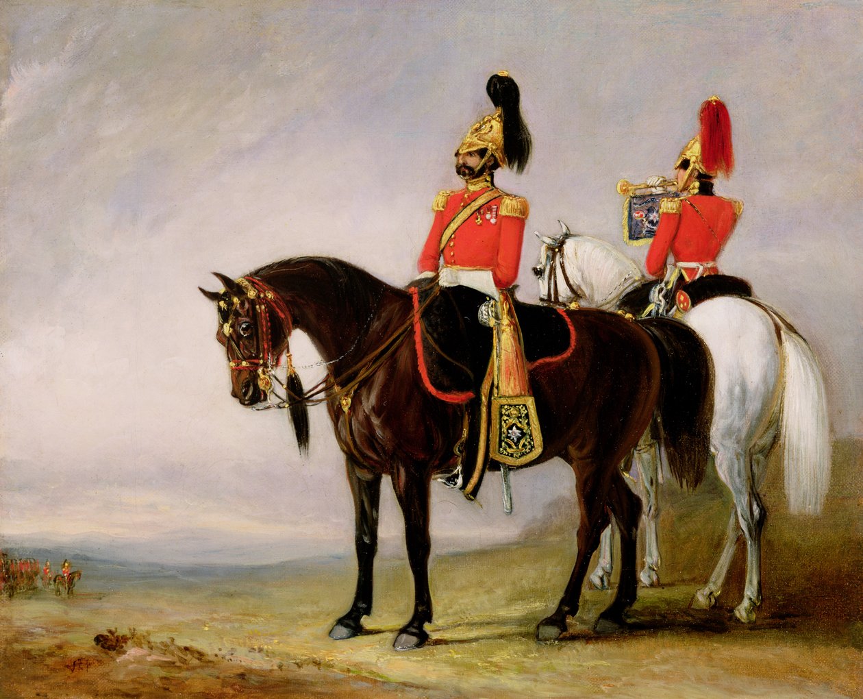 Oberst James Charles Chatterton (1792-1874) den 4. Royal Irish Dragoon Guard, på sin oplader ledsaget af sin trompetist, ca. 1849 af John E. Ferneley