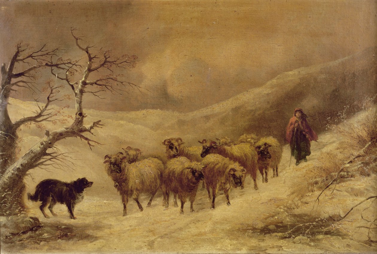 Hyrdinde i sneen, 1845-1900 af John Joseph Barker