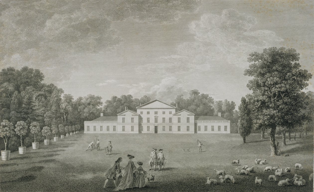 Udsigt over paladset i Kew fra plænen, graveret af William Woollett (1735-85) 1763 af John Joshua Kirby