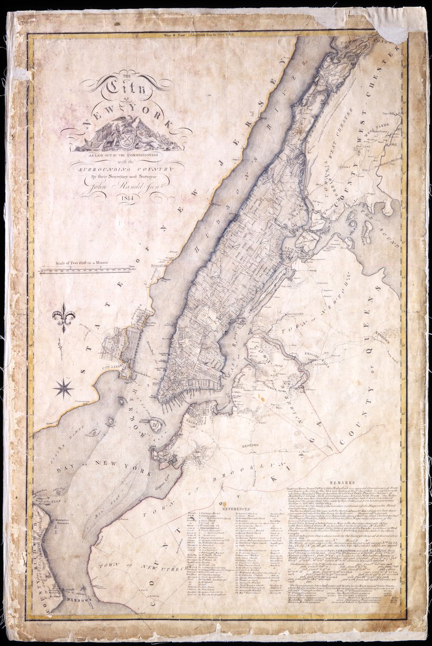 Byen New York, som udstukket af kommissærerne med det omkringliggende land, af deres sekretær og landmåler John Randel, Jr., 1814, 1814 (Pen-og-blæk, akvarel på papir.) af John Jr. Randel