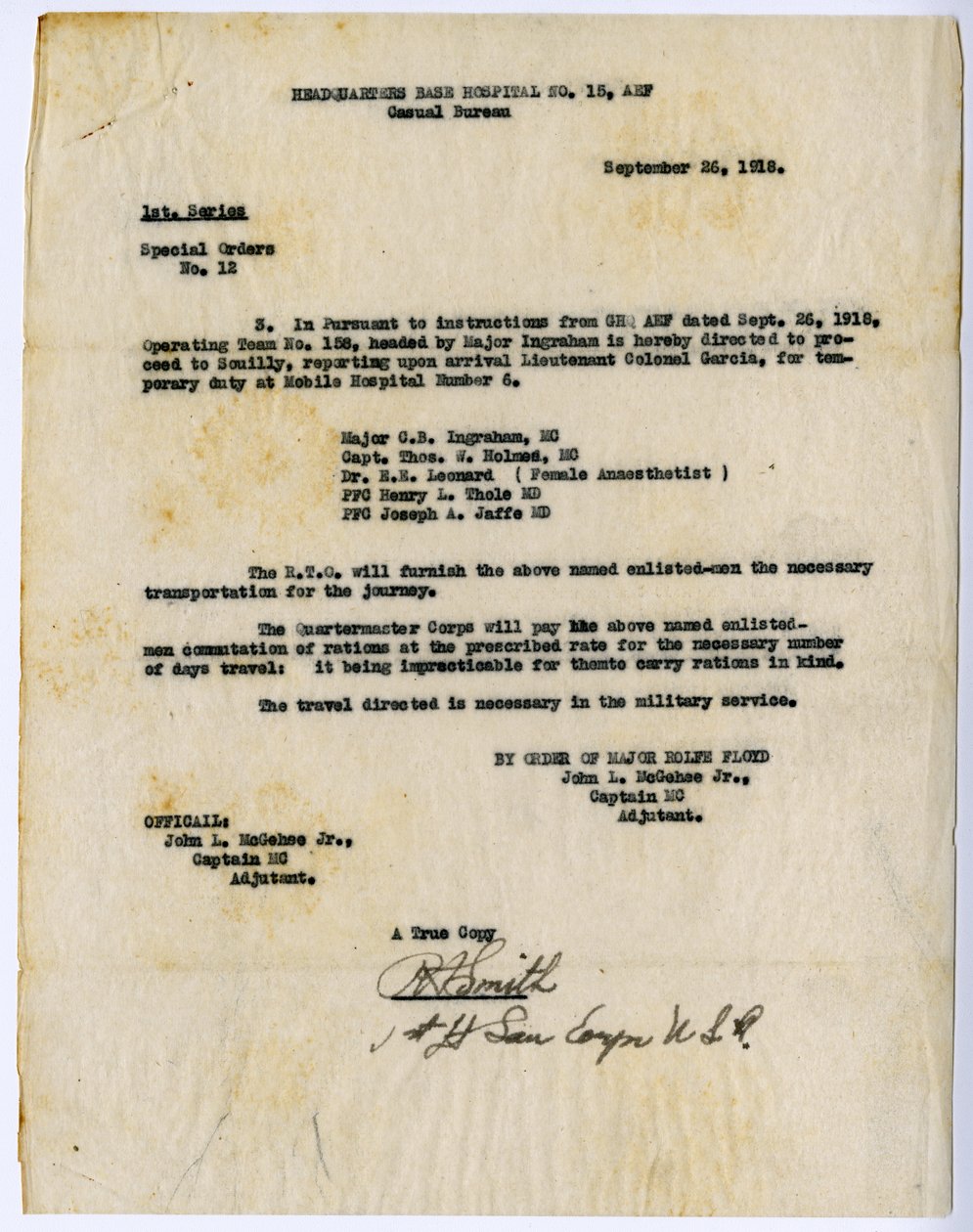 Særlige ordrer nr. 12 ekstrakt, hovedkvarterets basishospital nr. 15, Casual Bureau, efter ordre fra Rolfe Floyd, 26. september 1918 af John L. McGehee