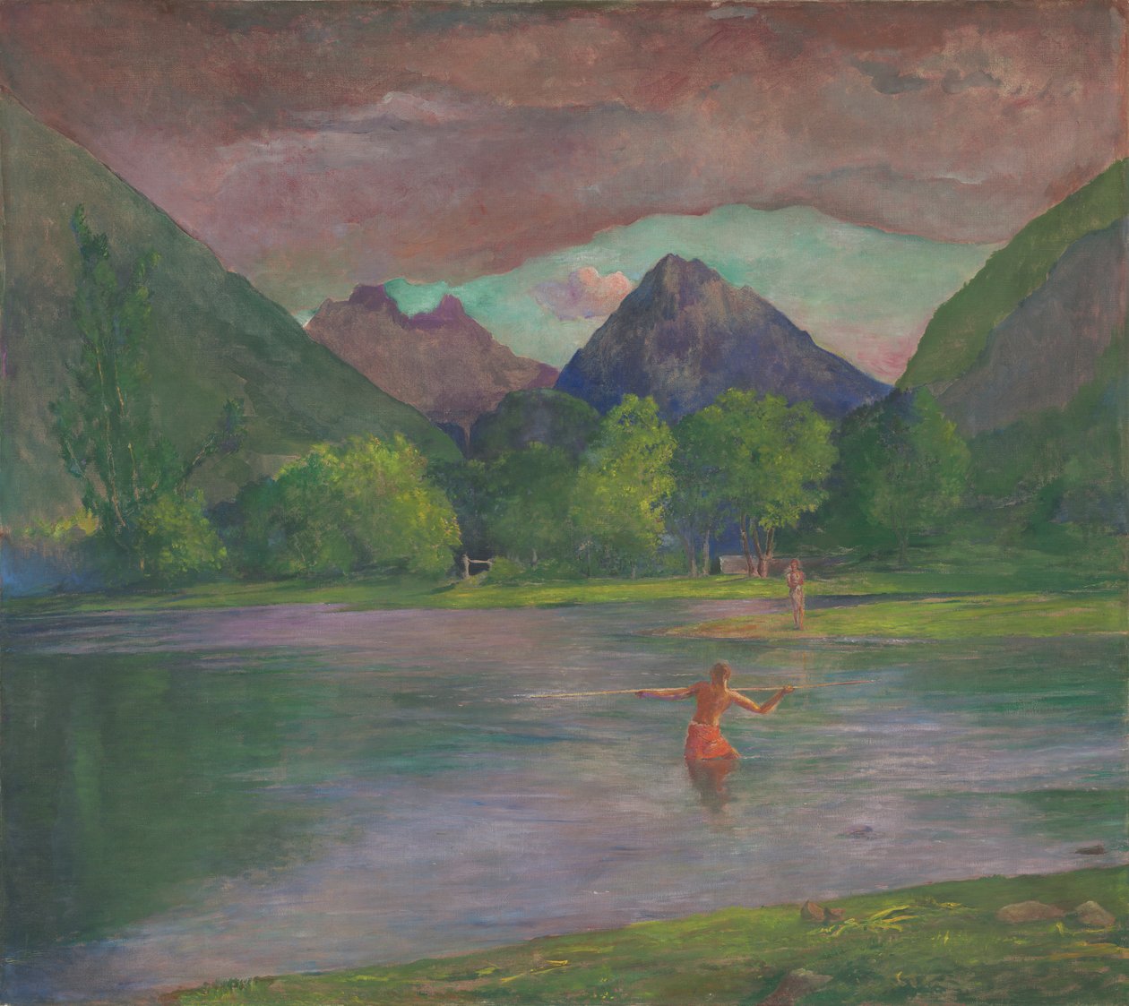 Efterglød, Tautira-floden, Tahiti, fisker, der spidder en fisk, ca. 1895 af John La Farge or Lafarge