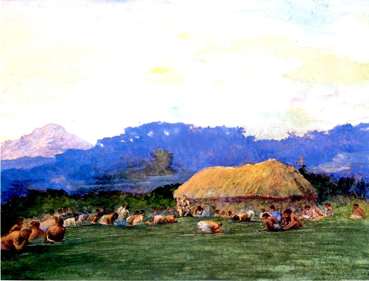 Aftenbøn i djævleland, Fiji, 1891 (wc og gouache på papir) af John La Farge or Lafarge
