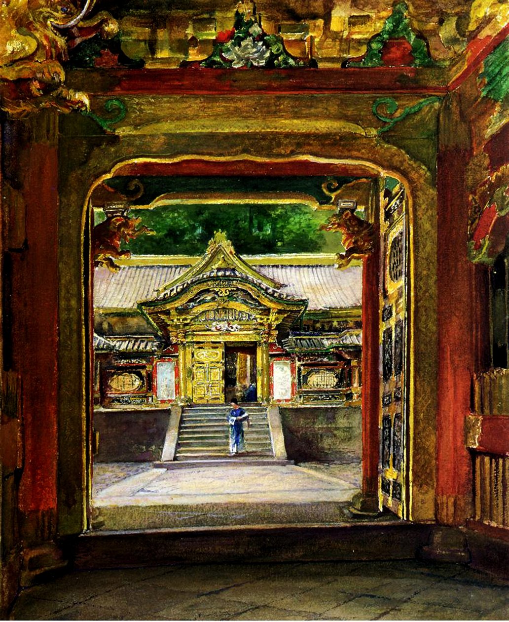 Den 3. port, Iyemitsu-templet, Nikko, Japan, ca. 1886 (wc und gouache på papir) af John La Farge or Lafarge