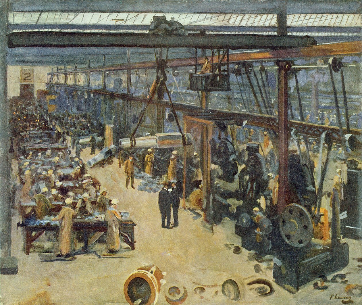 Scene på et skibsværft på Clyde, (Messrs Beardmore und Co), fra British Artists at the Front, fortsættelse af "The Western Front", 1918 af John Lavery