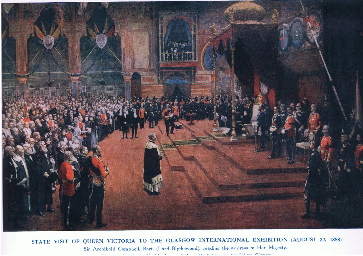 Dronning Victorias statsbesøg på Glasgow International Exhibition (22. august 1888), fra Cassells History of the British People udgivet af Waverley Book Company Limited, ca. 1940 (farve litho) af John Lavery
