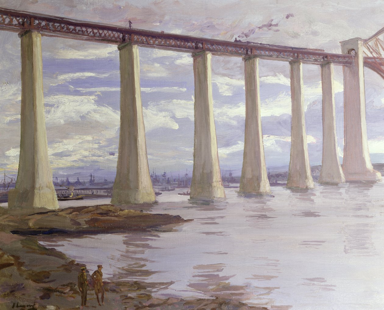 The Piers, Forth Bridge med den store flåde i det fjerne, 1917 af John Lavery