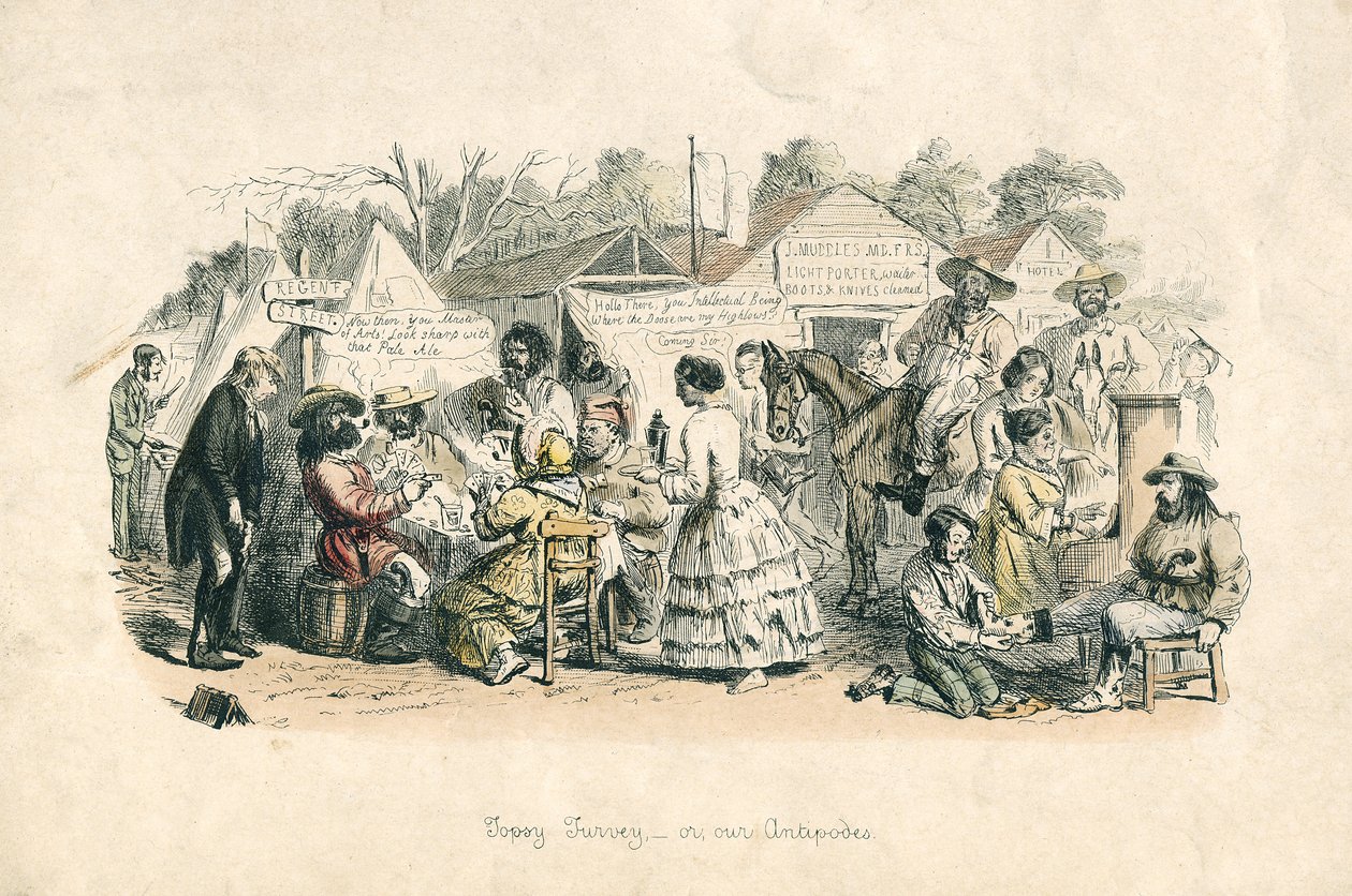 Topsy turvey - or, our Antipodes, 1864 (håndkoloreret radering) af John Leech