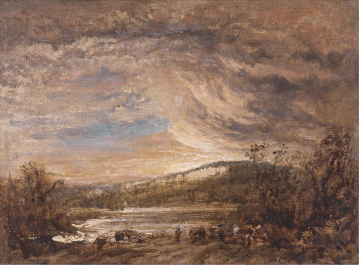 Et flodlandskab, solnedgang af John Linnell