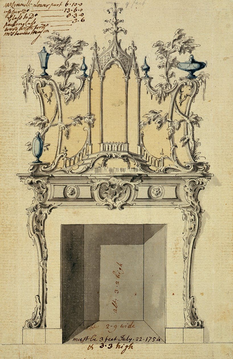 Design til Rococo Chimney Piece, 1754 (pen og blæk og wc på papir) af John Linnell