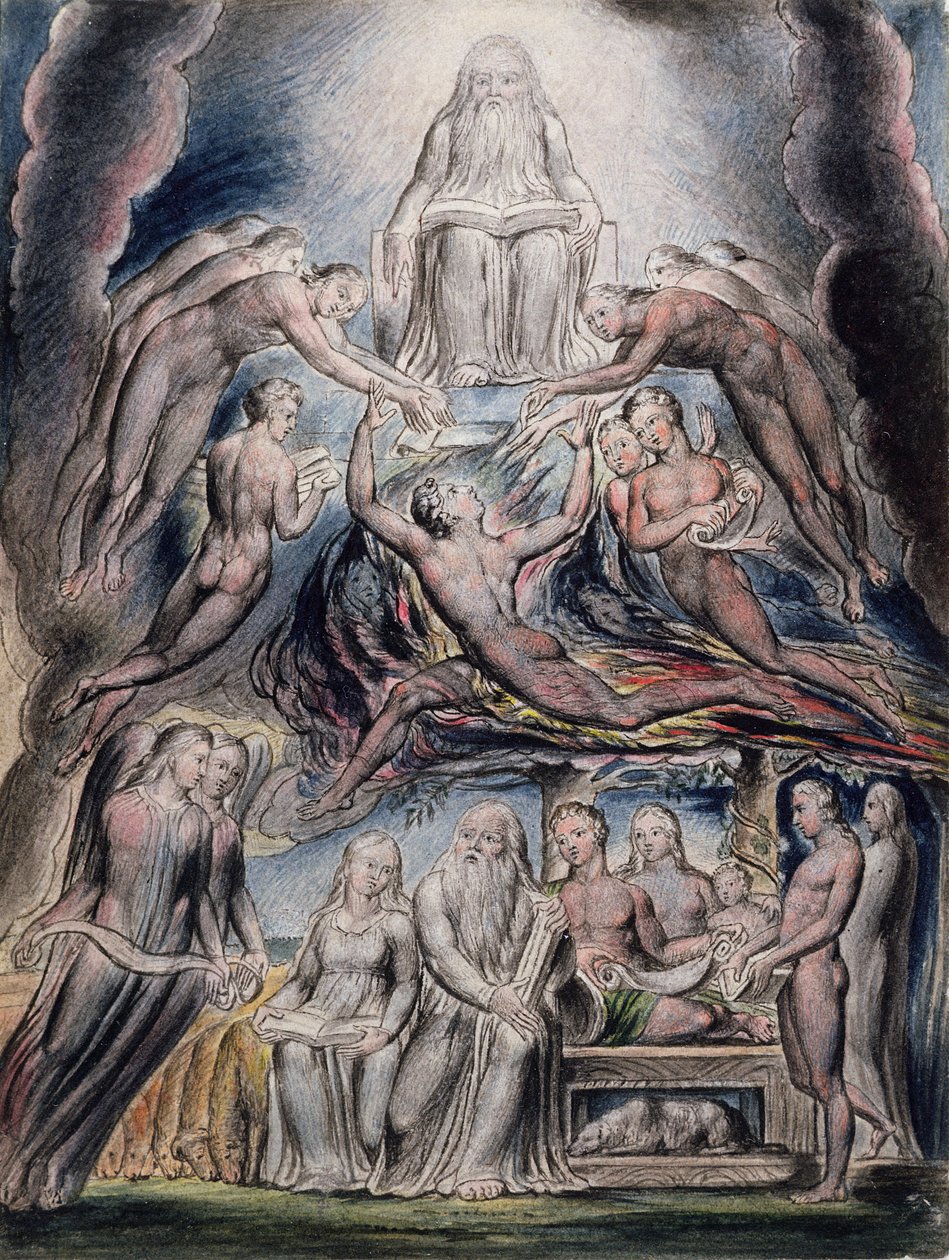 Illustrationer af Jobs Bog, pl.3 (side 2): Satan foran Guds trone, efter William Blake (1757-1827) (pen og blæk og wc) af John Linnell