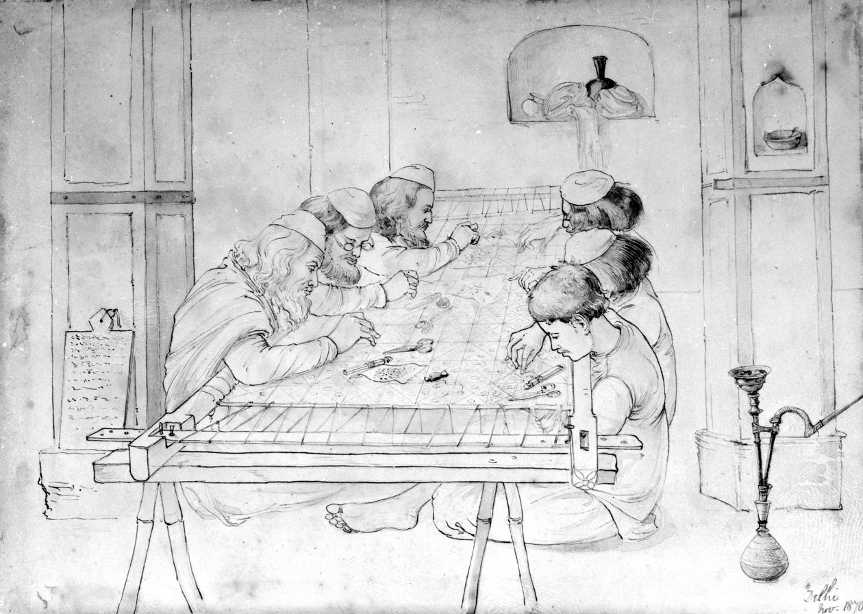 Mænd, der arbejder ved en broderiramme, 1870 (blyant, pen og vask på papir) af John Lockwood Kipling