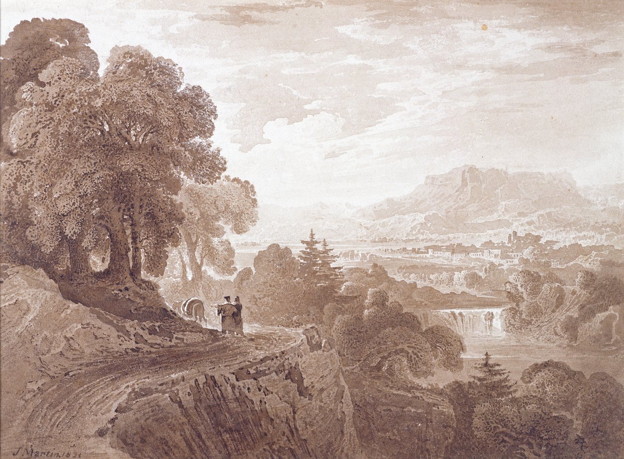 Rejsende på en vej over en flod, 1821 (brun vask over grafit på papir) af John Martin
