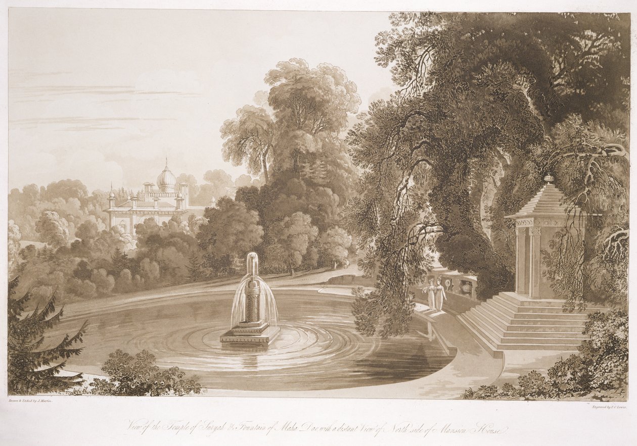 Udsigt over Suryah-templet og Mahah Doo-fontænen med et fjernt billede af nordsiden af palæet, Sezincote, graveret af Frederick Christian Lewis Snr. (1779-1856), ca. 1817-18 (sep af John Martin