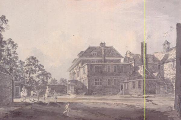 Gården til et palæ, med figurer, 1700-tallet af John Melchior Barralet