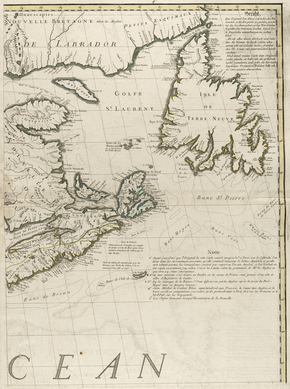 Et kort over de britiske og franske dominioner i Amerika, 1756 (stik med omrids i farver på papir) af John Mitchell