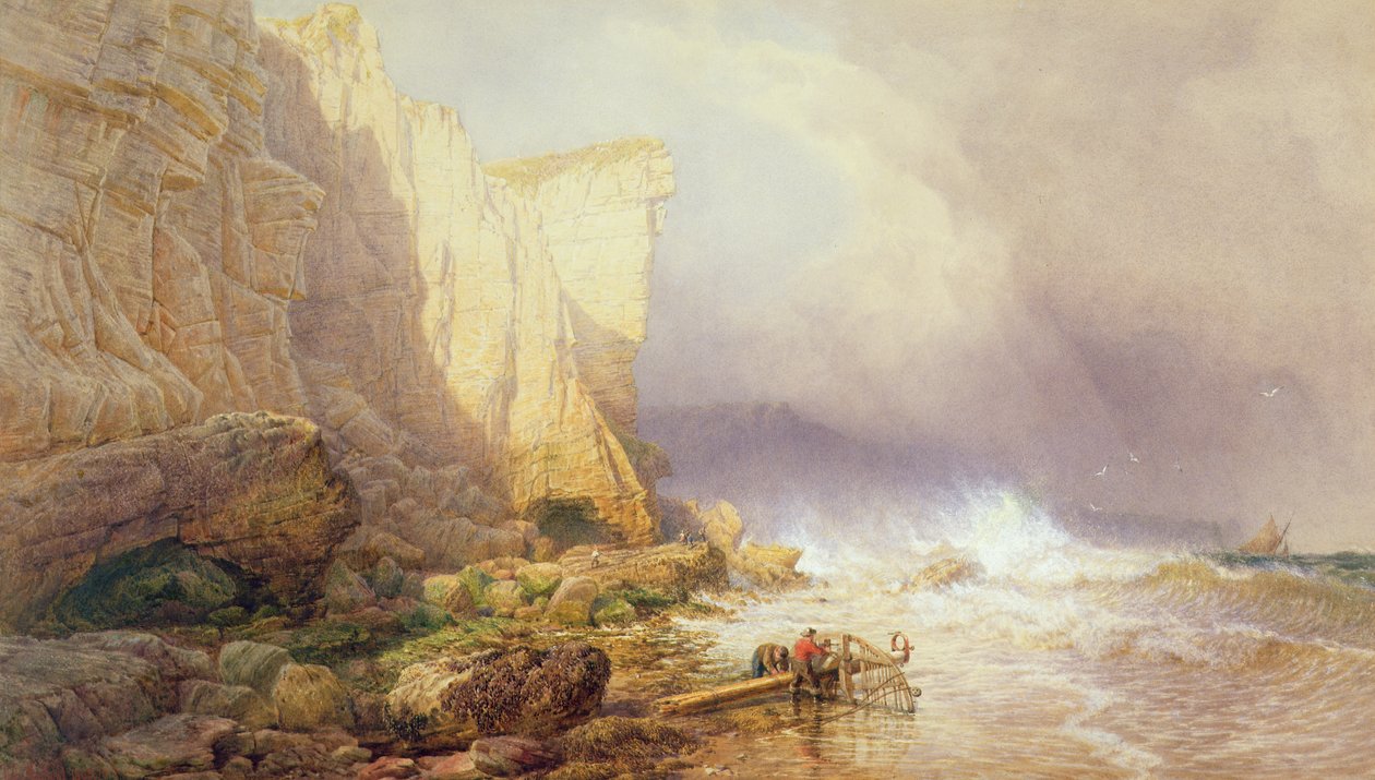 Stormfuldt vejr, Clearing Seaton Cliffs, South Devon, 1800-tallet af John Mogford
