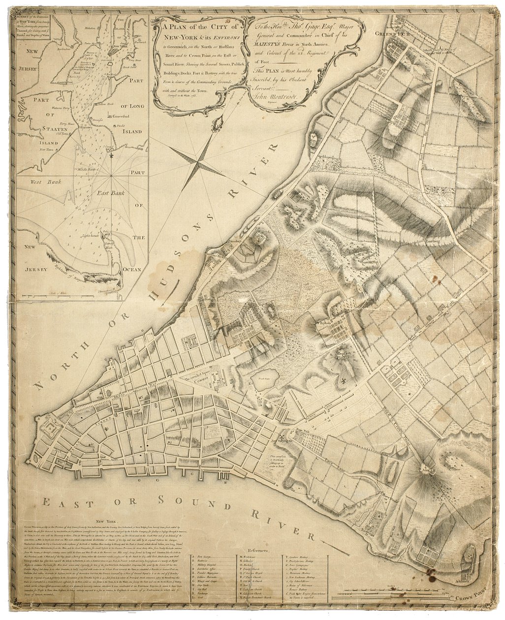 En plan over byen New York og dens omgivelser fra Greenwich ved North (Hudson) River til Crown Point ved East River, opmålt 1766, 1775 (litografi) af John Montresor