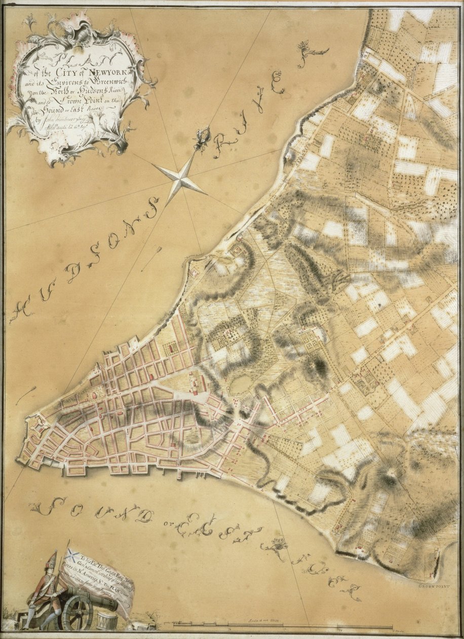 Tidlig oversigt over byen New York og dens omegn til Greenwich, 1766 (pen og blæk på papir) af John Montresor