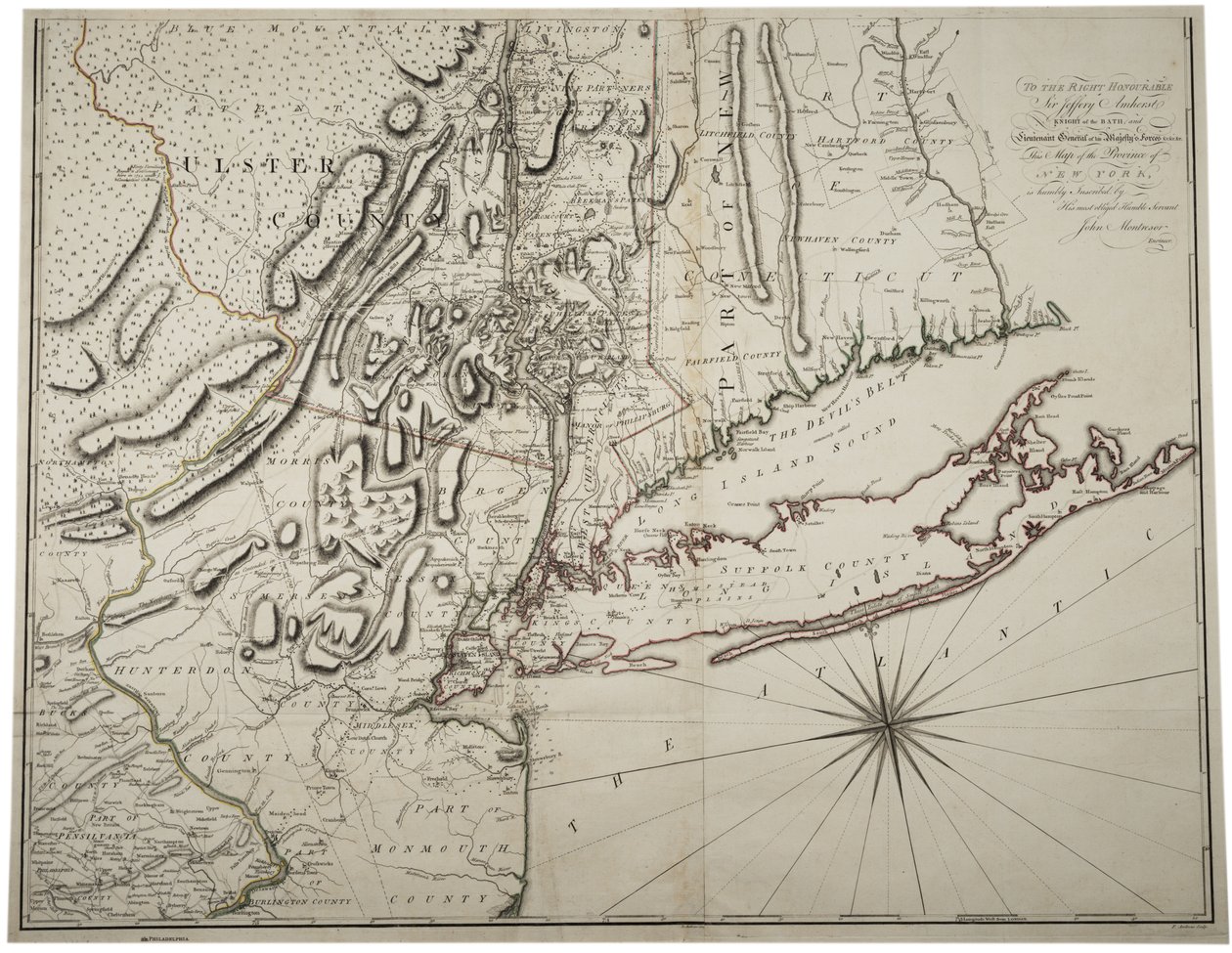 Kort over den nedre delstat New York og de omkringliggende områder, ca.1775 af John Montresor