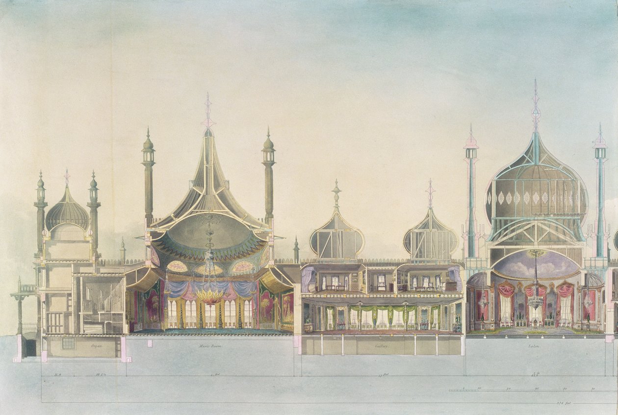 Længdesnit (L til R) Orgel, Musikrum, Galleri, Salon, Selskabslokale, Pages Room, Køkken fra udsigt over Royal Pavilion, Brighton, af John Nash, 1826 (tryk) af John Nash