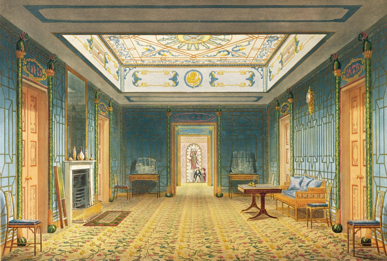 Den dobbelte lobby eller galleri (syd) over korridoren fra udsigt over Royal Pavilion, Brighton af John Nash, 1826 (tryk) af John Nash