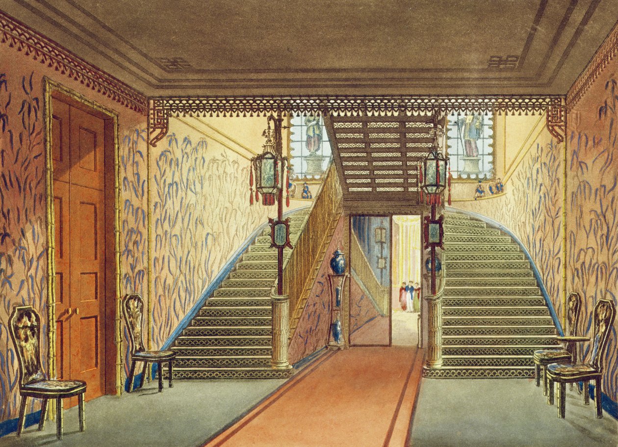 The Staircase, fra Views of the Royal Pavilion, Brighton, af John Nash, 1826 (tryk) af John Nash
