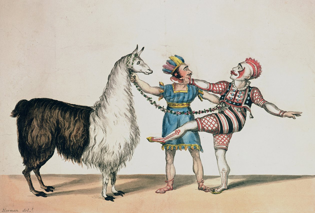 Grimaldi and the Alpaca, i den populære Pantomime of the Red Dwarf, pub. 1813 i London af John Norman