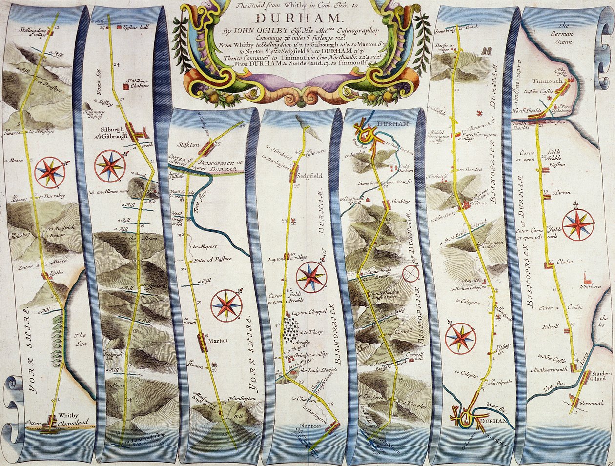 Vejen fra Whitby til Durham, fra John Ogilbys "Britannia", udgivet i London i 1675 af John Ogilby