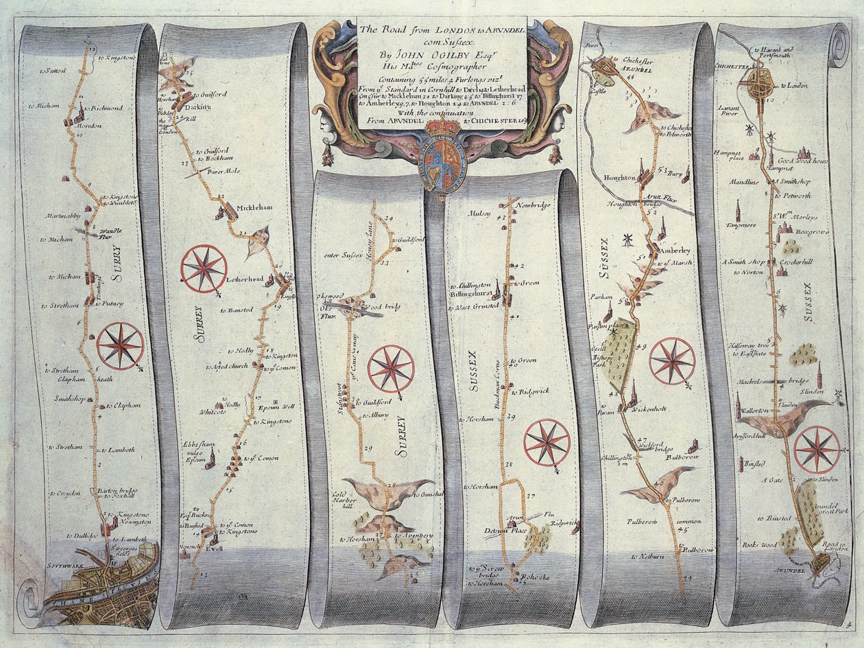 Vejen fra London til Arundel (farvegravering) af John Ogilby