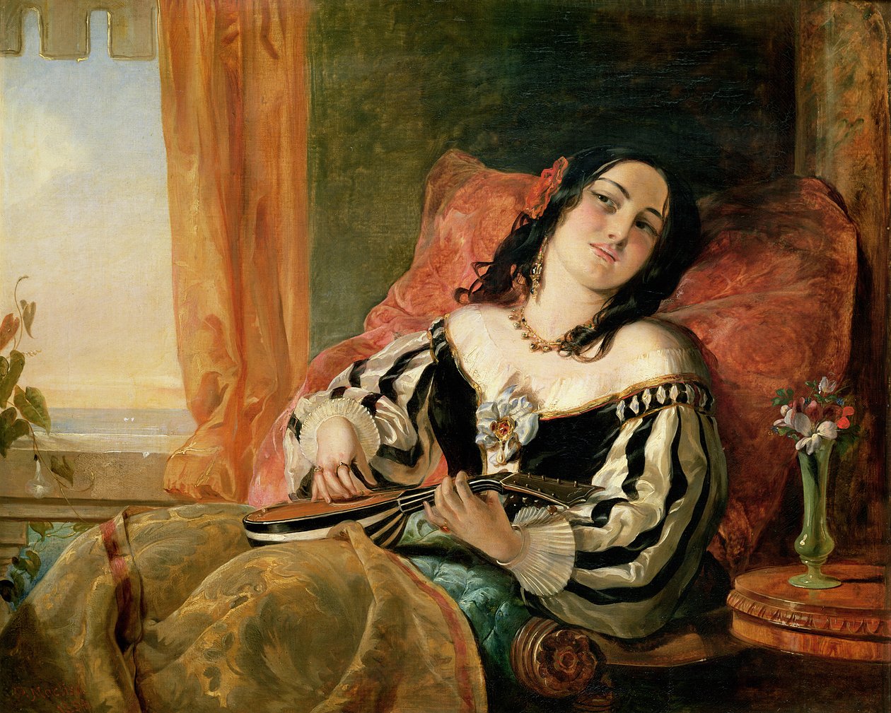 Lady Playing the Mandolin, 1854 af John Phillip
