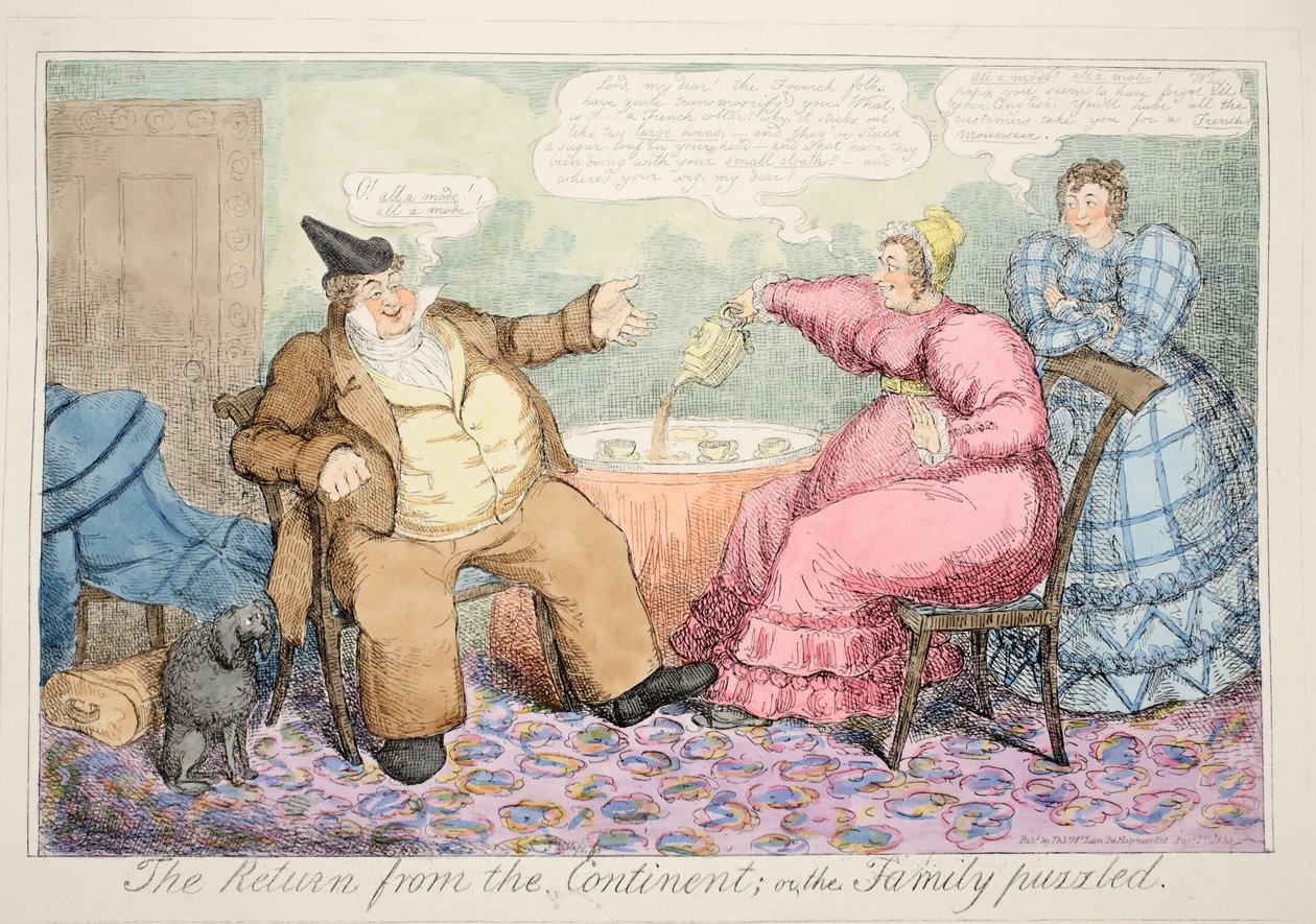 The Return from the Continent, eller The Family Puzzled, pub. 1835 (håndfarvet radering) af John Phillips