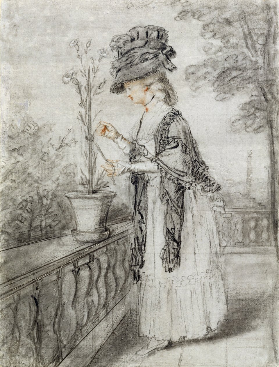 Dame på en terrasse, der passer på en nellikeplante (sort, rød og hvid kridt på papir) af John Raphael Smith