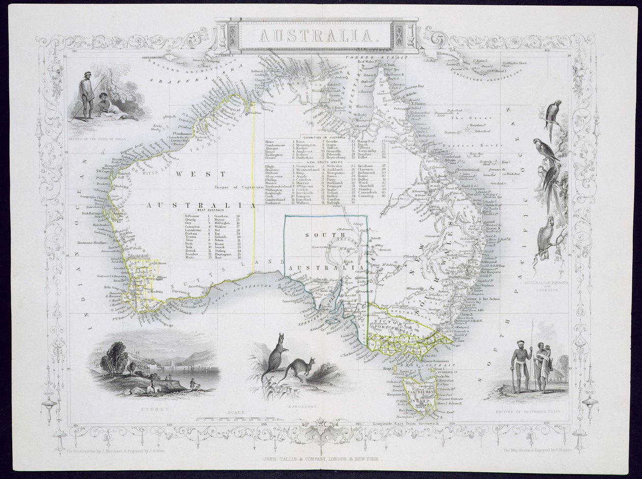 Australien, fra en serie af verdenskort udgivet af John Tallis und Co., London og New York, 1850
