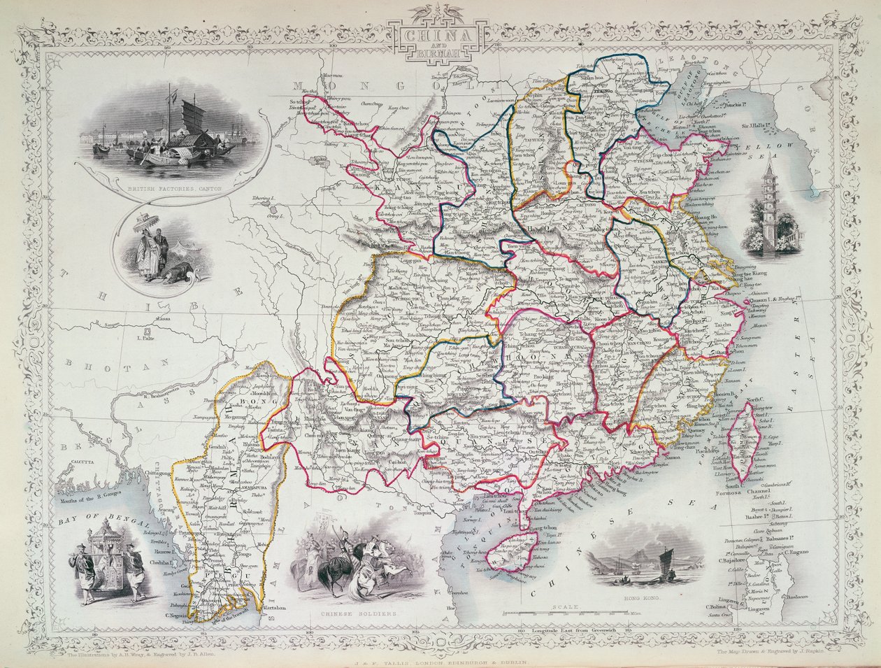 Kort over Kina og Birmah, 1851 (farvegravering) af John Rapkin