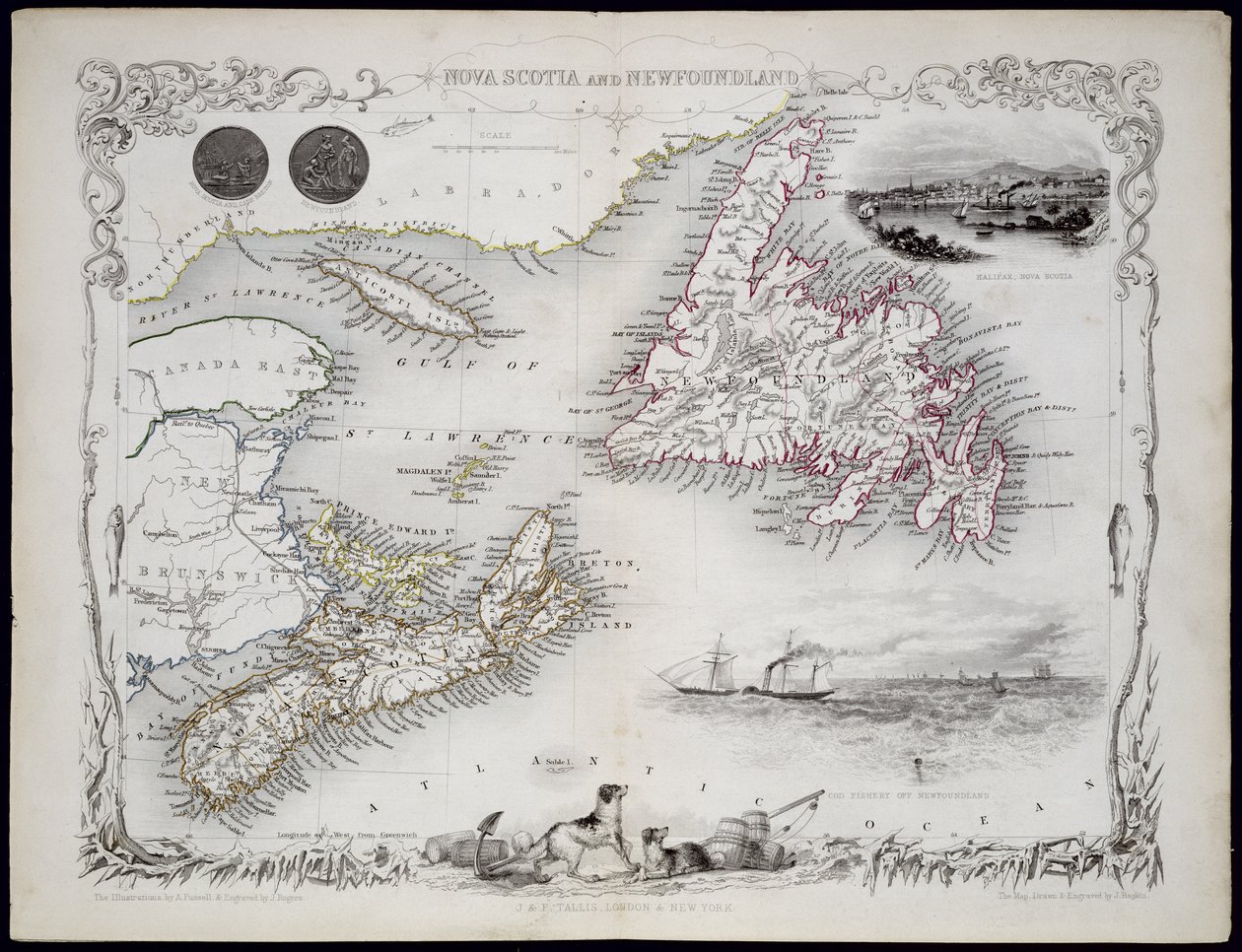 Nova Scotia og Newfoundland, fra en serie af verdenskort udgivet af John Tallis und Co., New York og London, 1850
