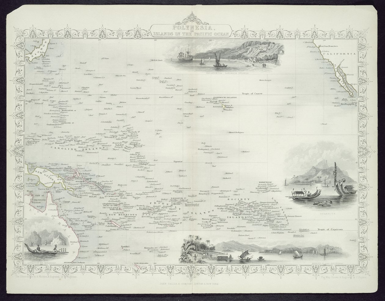 Polynesien eller øerne i Stillehavet, fra en række verdenskort af John Tallis und Co., New York og London, 1850