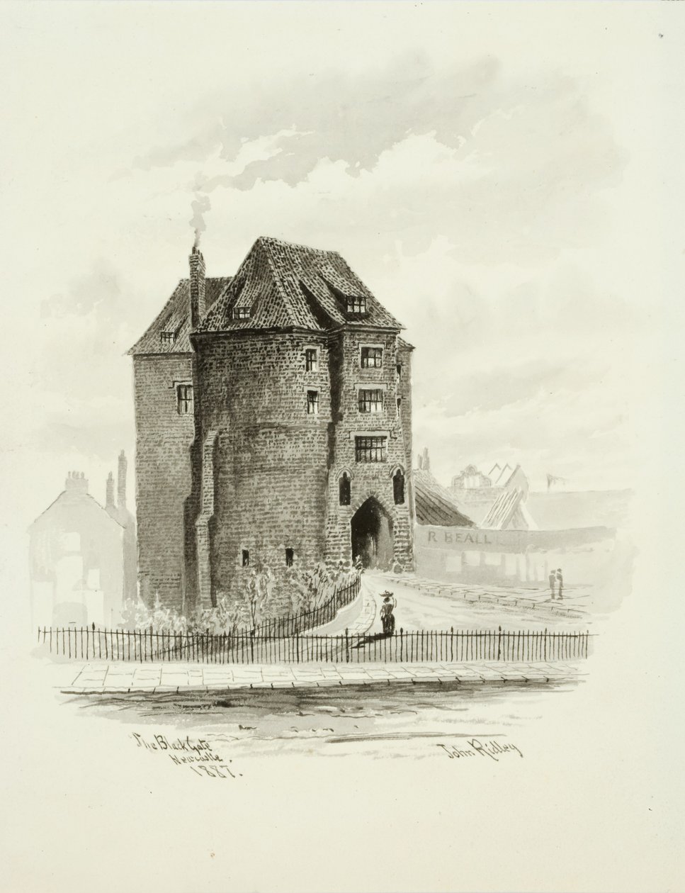 The Black Gate, Newcastle (wc (vask) på papir) af John Ridley