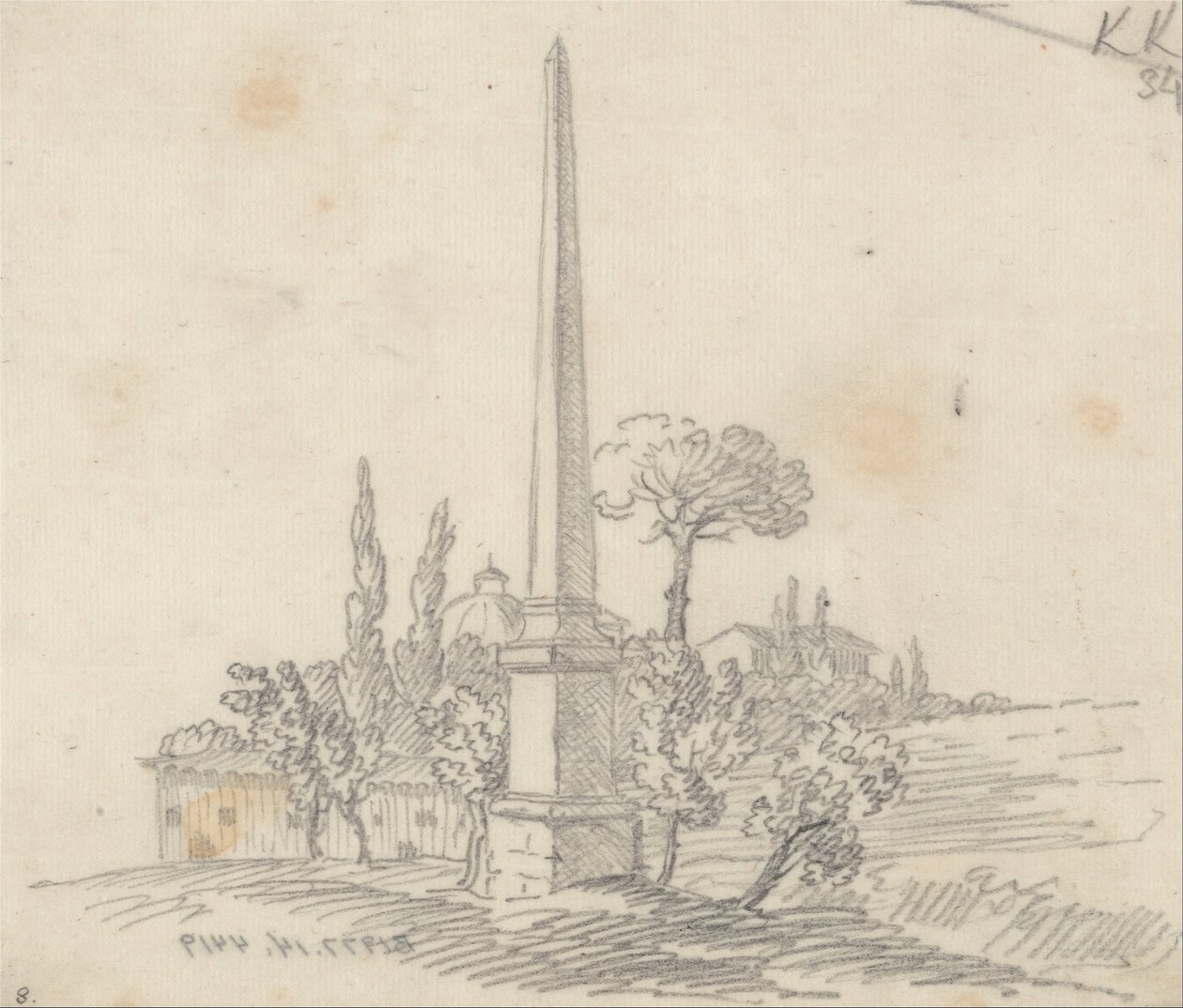 En obelisk med tage og træer i det fjerne af John Robert Cozens