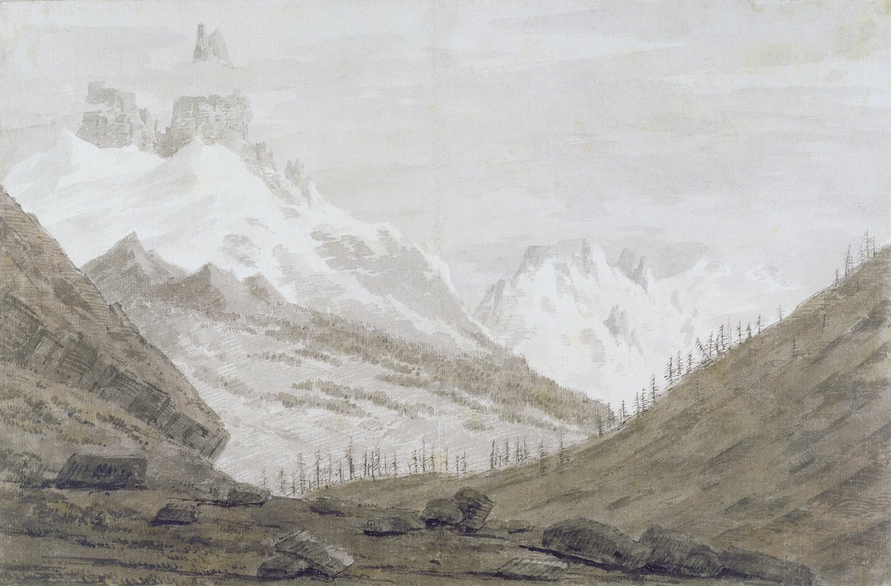 Mellem Chamonix og Martigny, 1776 (grafit, pen og vask på papir) af John Robert Cozens