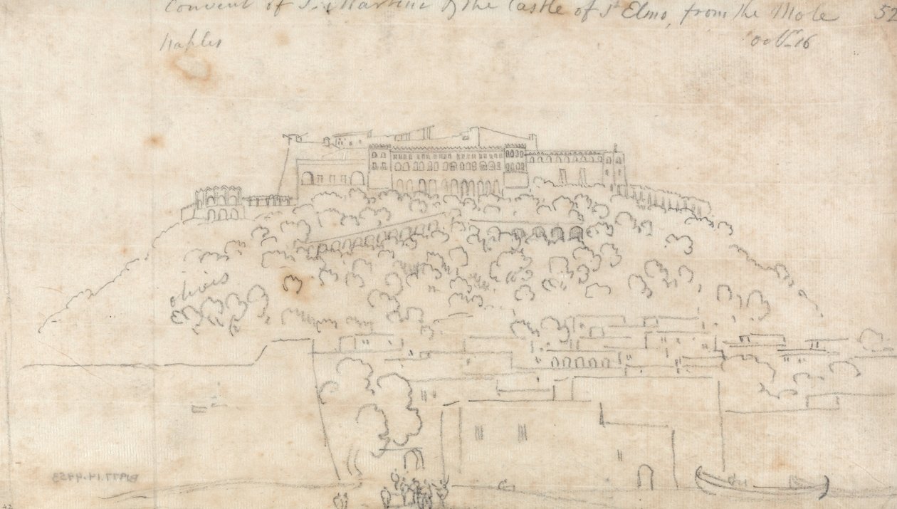 Kloster S. Martino og Castello di Sant Elmo fra muldvarpen, Napoli af John Robert Cozens